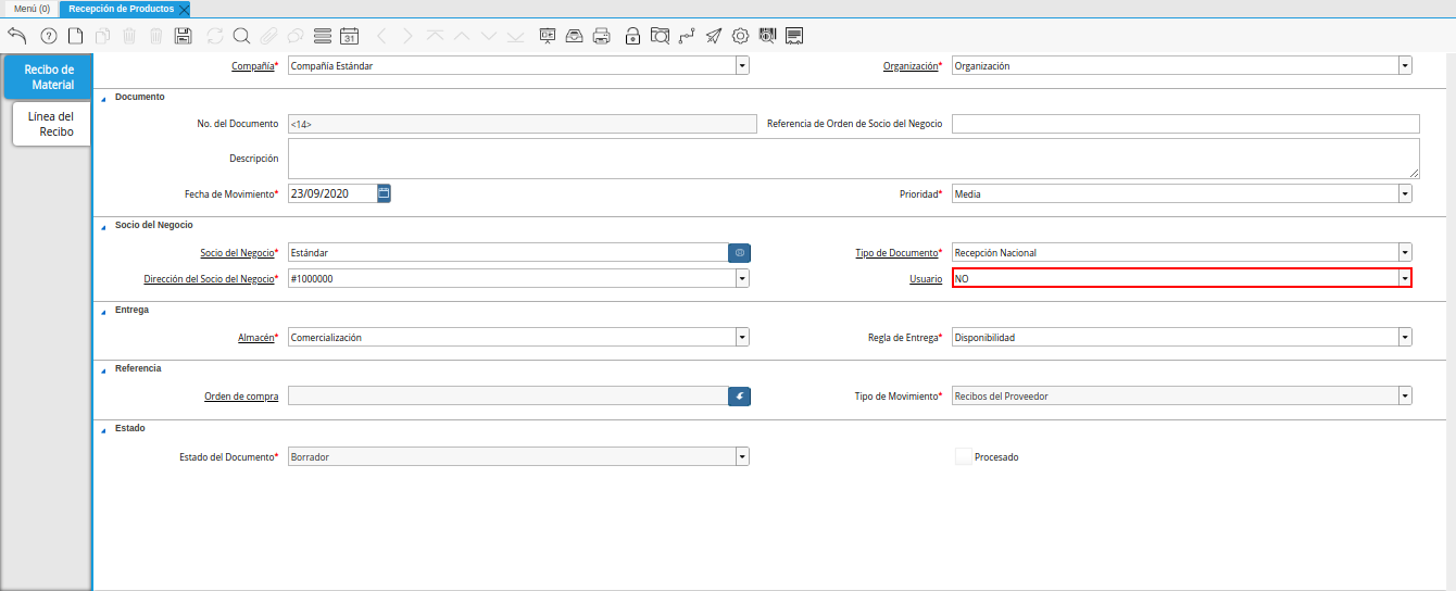 campo usuario de la ventana recepción de productos