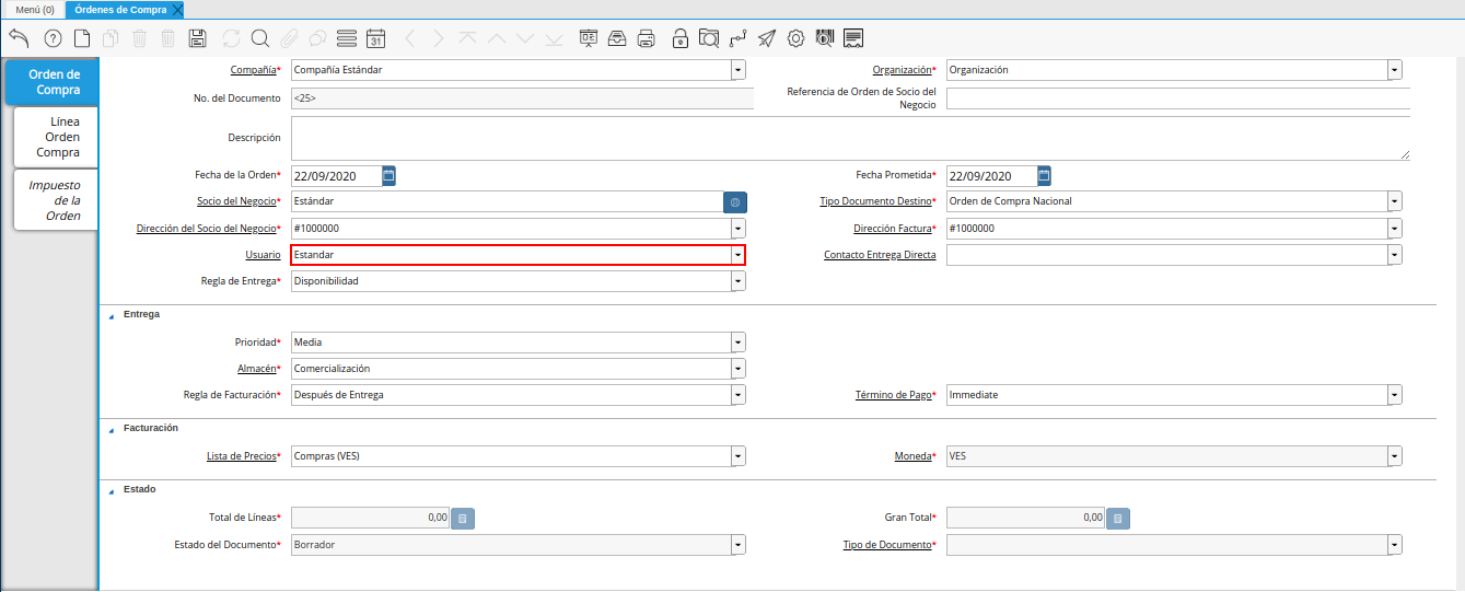 campo usuario de la ventana órdenes de compra