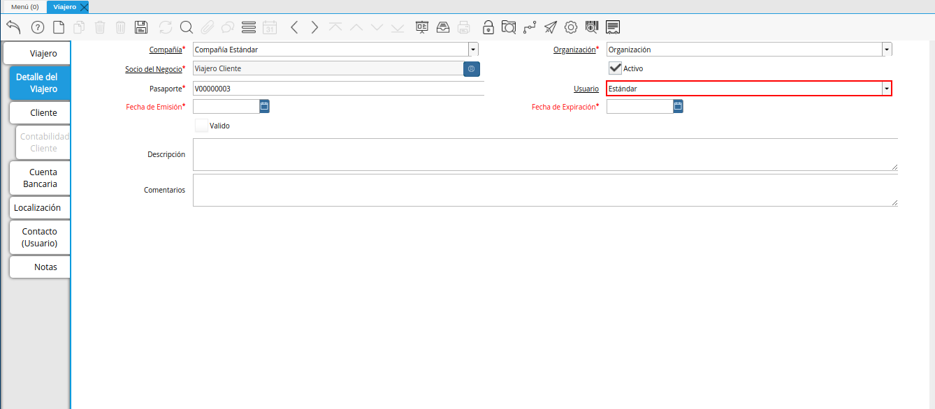 campo usuario de la pestaña detalle del viajero
