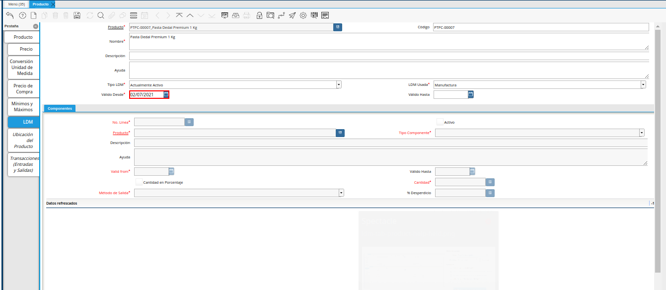 Campo Válido Desde del Producto de la Pestaña LDM
