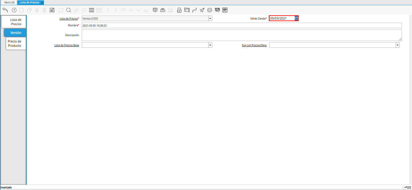campo válido desde para lista de precios base