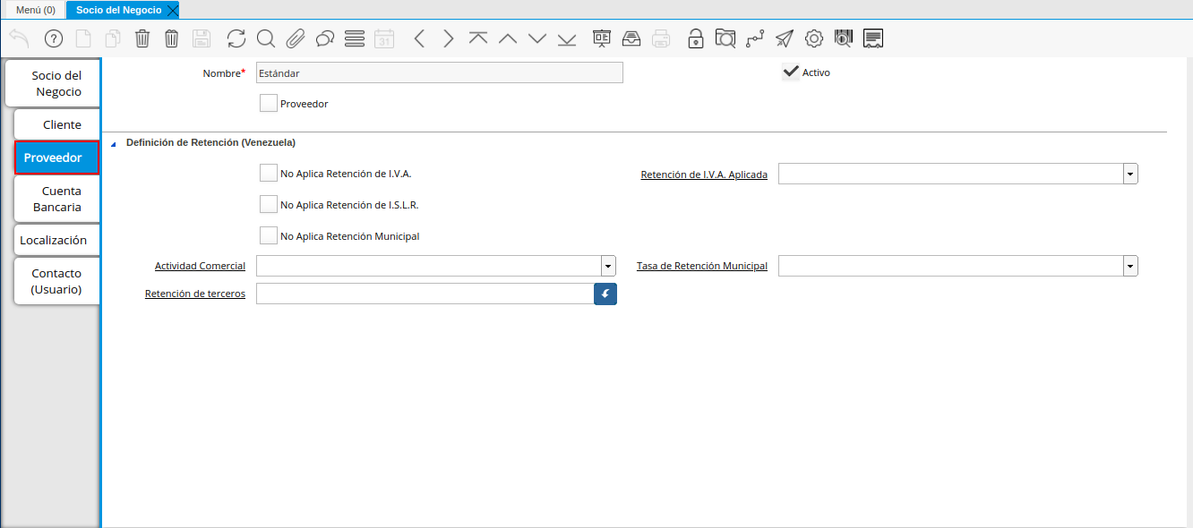 Pestaña Proveedor de la Ventana Socio del Negocio