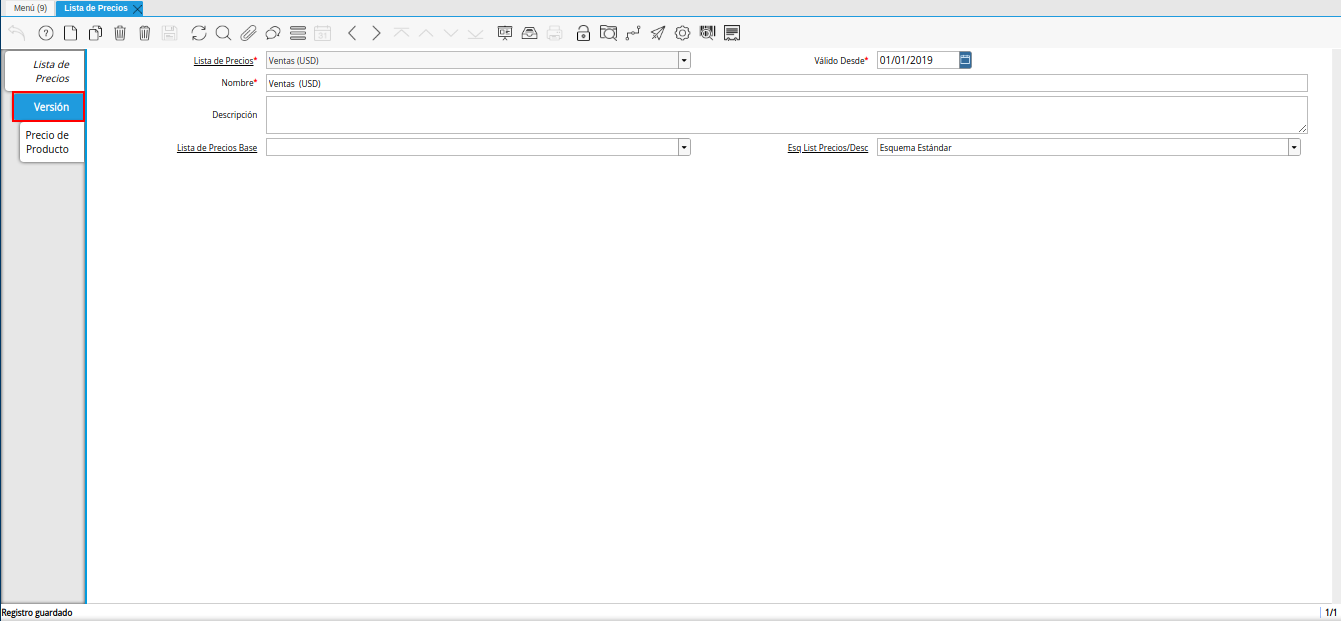 pestaña versión para lista de precios base