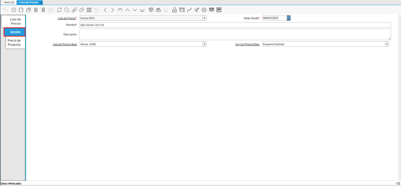pestaña versión para lista de precios desde última oc procesada