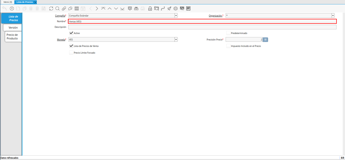 registro de ventas ves para lista de precios desde última oc procesada