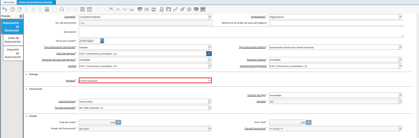 campo almacén de la ventana orden de devolución cliente