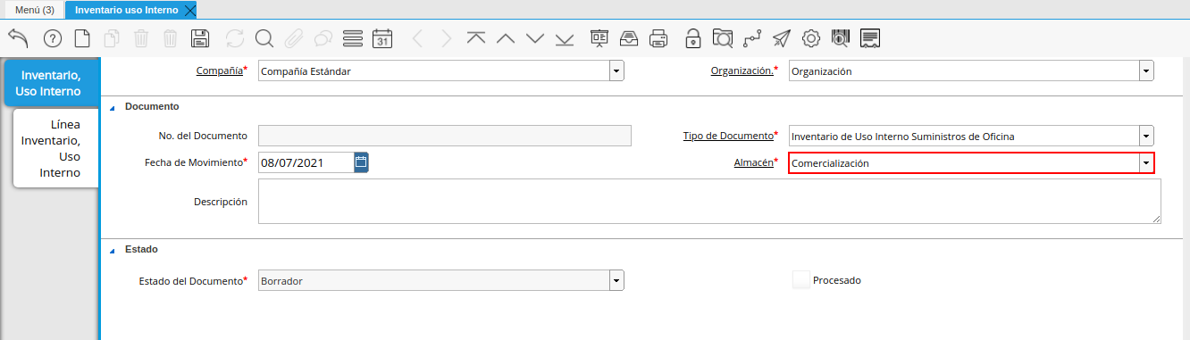campo almacén de la ventana inventario uso interno