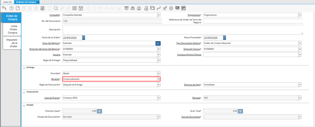campo almacen de la ventana órdenes de compra