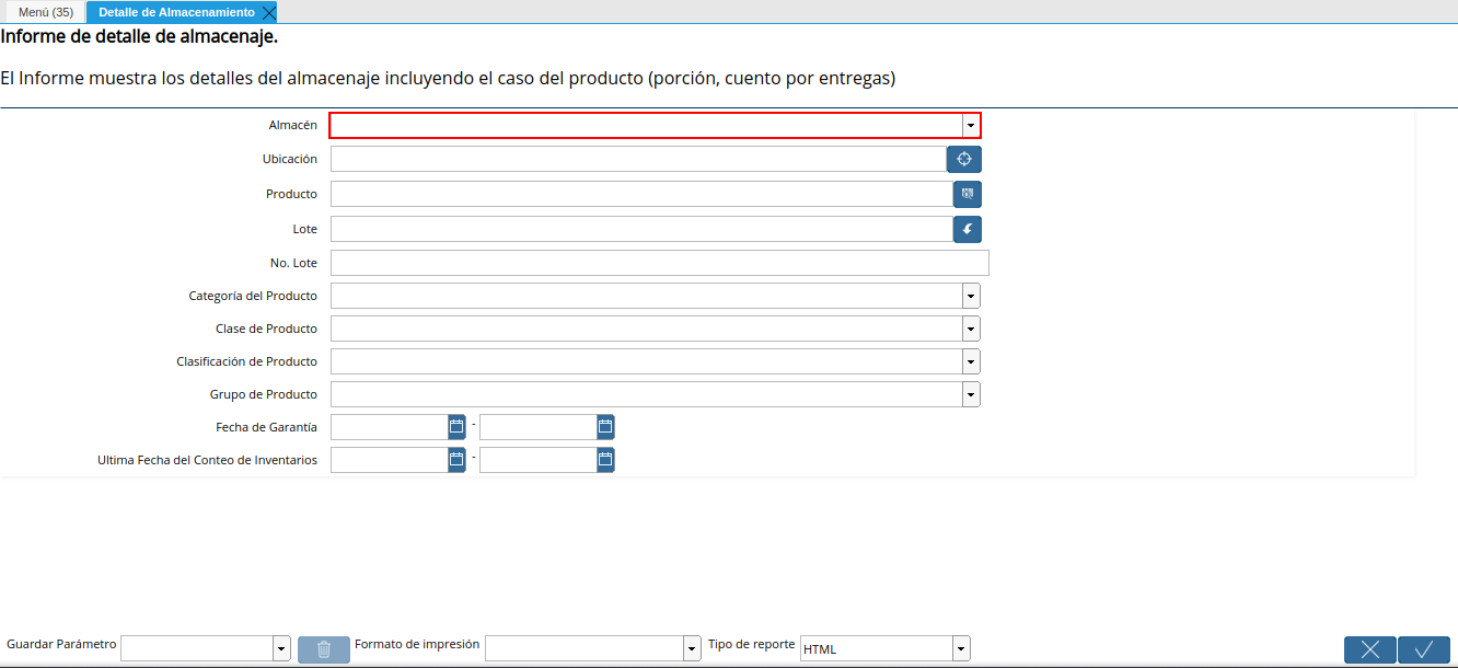 campo almacén del reporte detalle de almacenamiento