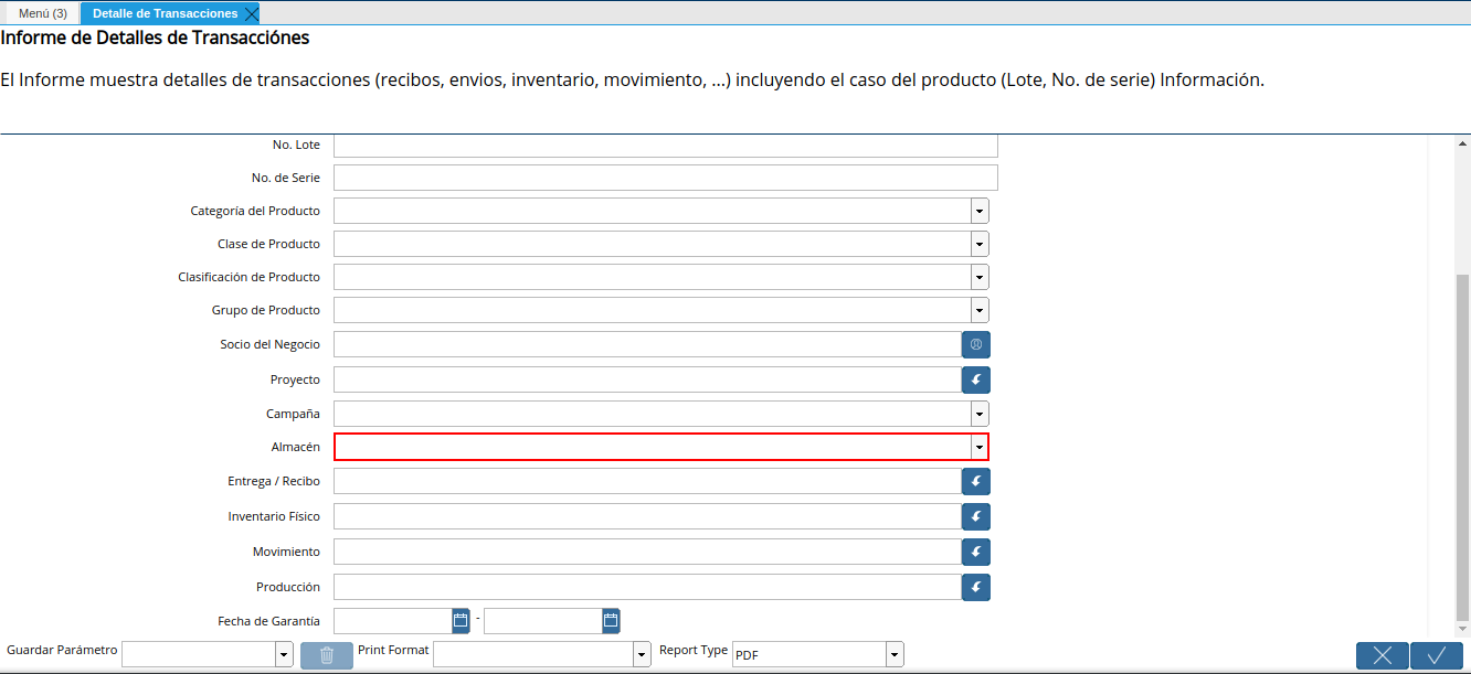 campo almacén de la ventana detalle de transacciones