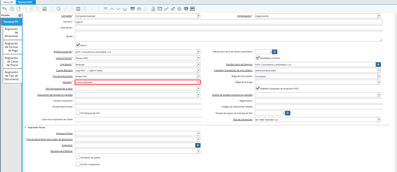 Campo Almacén de la Ventana Terminal PDV