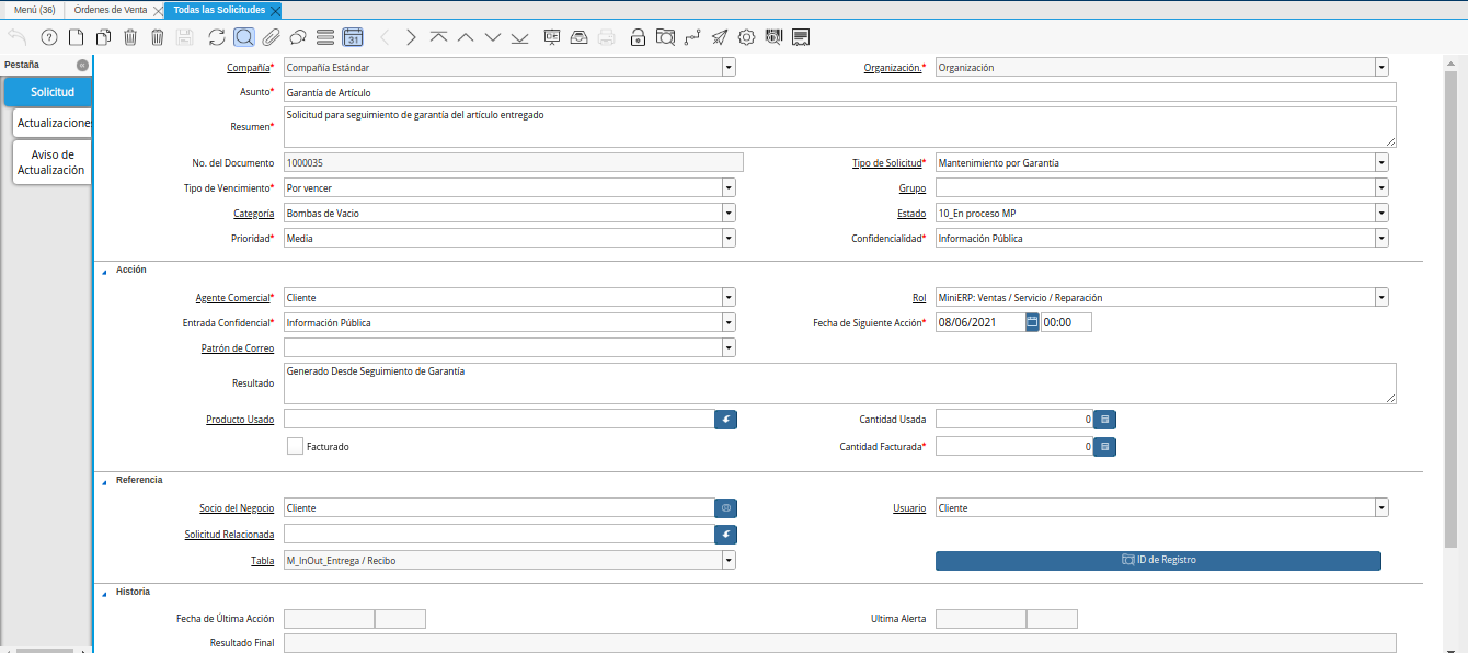 registro de mantenimiento por garantía