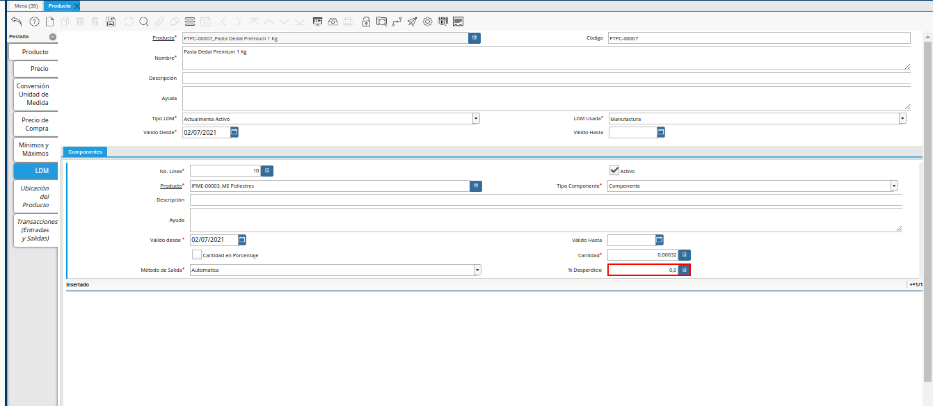 Campo Porcentaje Desperdicio de la Pestaña ldm del Producto Estándar para Producción