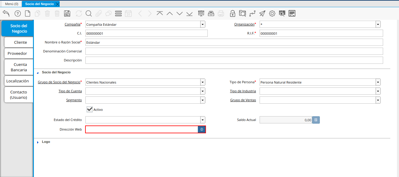 Campo Dirección Web de la Pestaña Principal Socio del Negocio