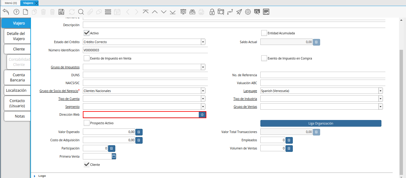 campo dirección web de la ventana viajero