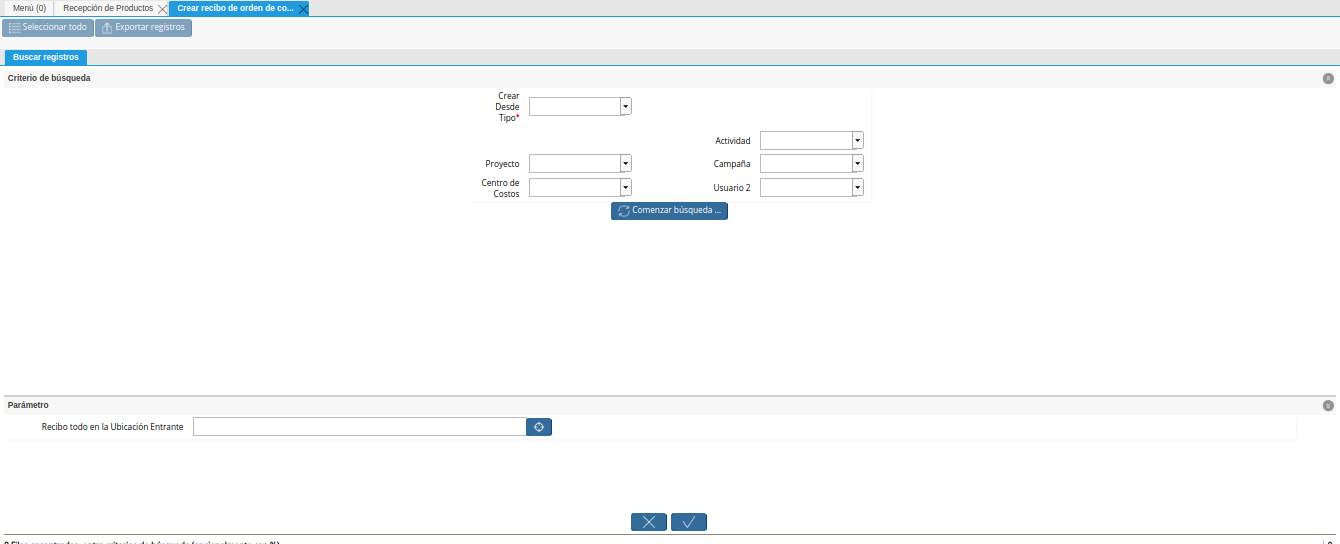 ventana crear recibo de orden de compra o rma