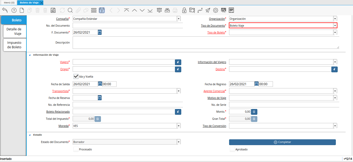 campo tipo de documento de la ventana boleto de viaje