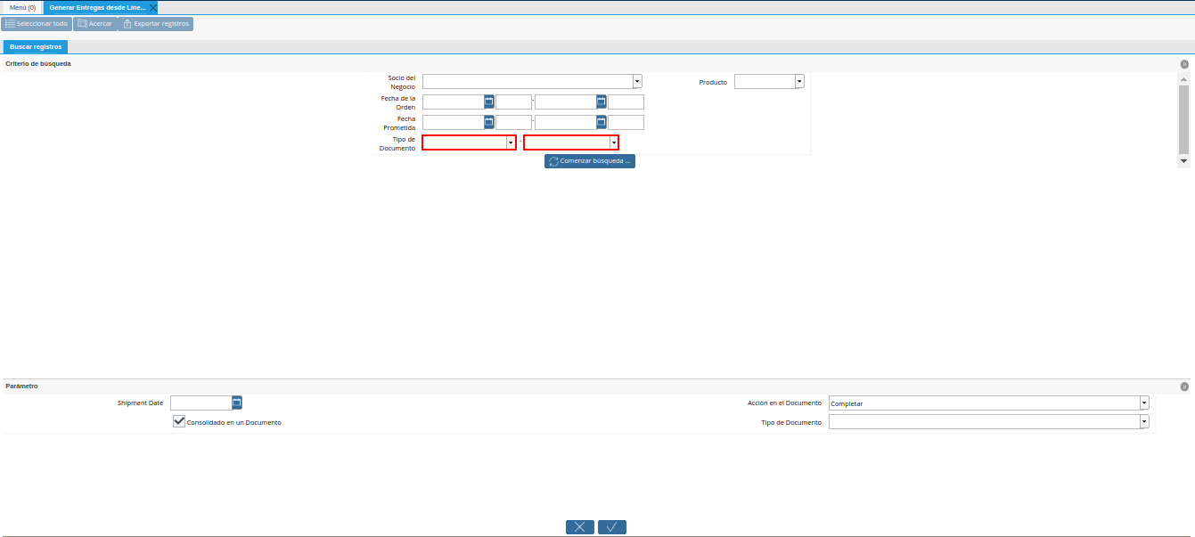 Filtro Tipo de Documento de la Ventana Generar Entrega desde Líneas de la Orden
