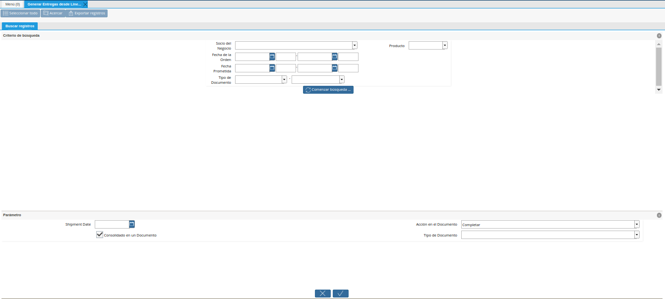 Ventana Generar Entrega desde Líneas de la Orden
