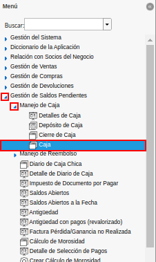 menú de ventana caja para anular cobros