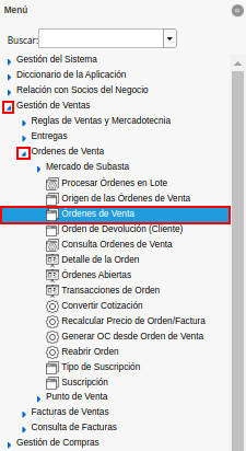 menú de ventana órdenes de venta para anular
