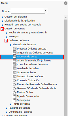 menú de la ventana órdenes de venta