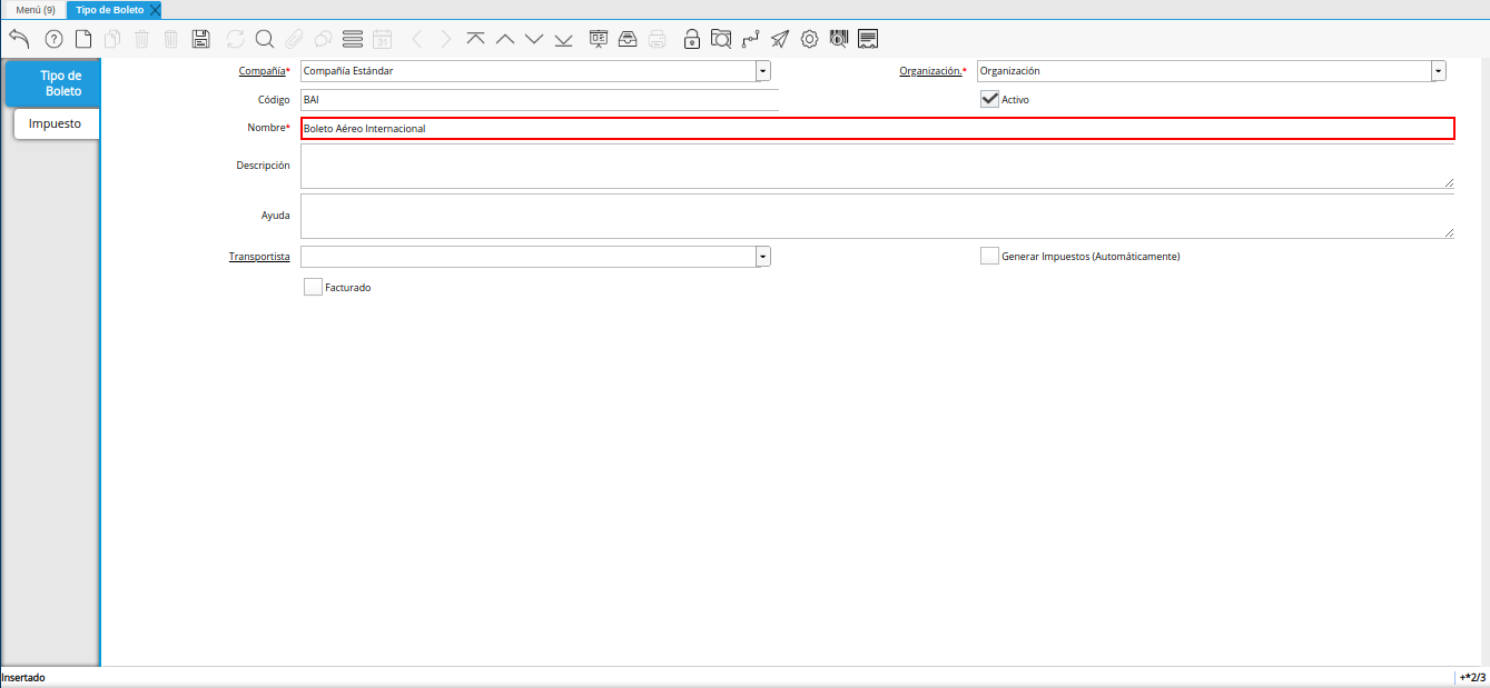 campo nombre de la ventana tipo de boleto