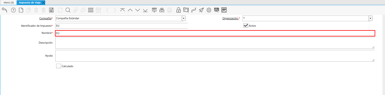 campo nombre de la ventana impuesto de viaje
