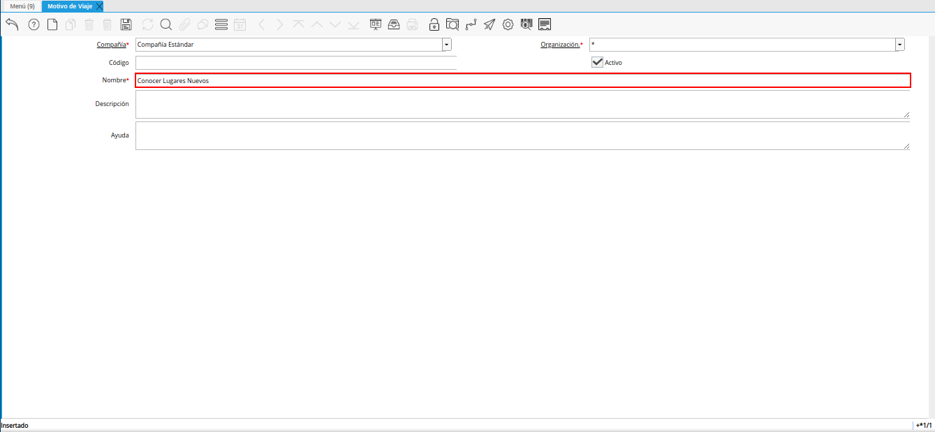 campo nombre de la ventana motivo de viaje
