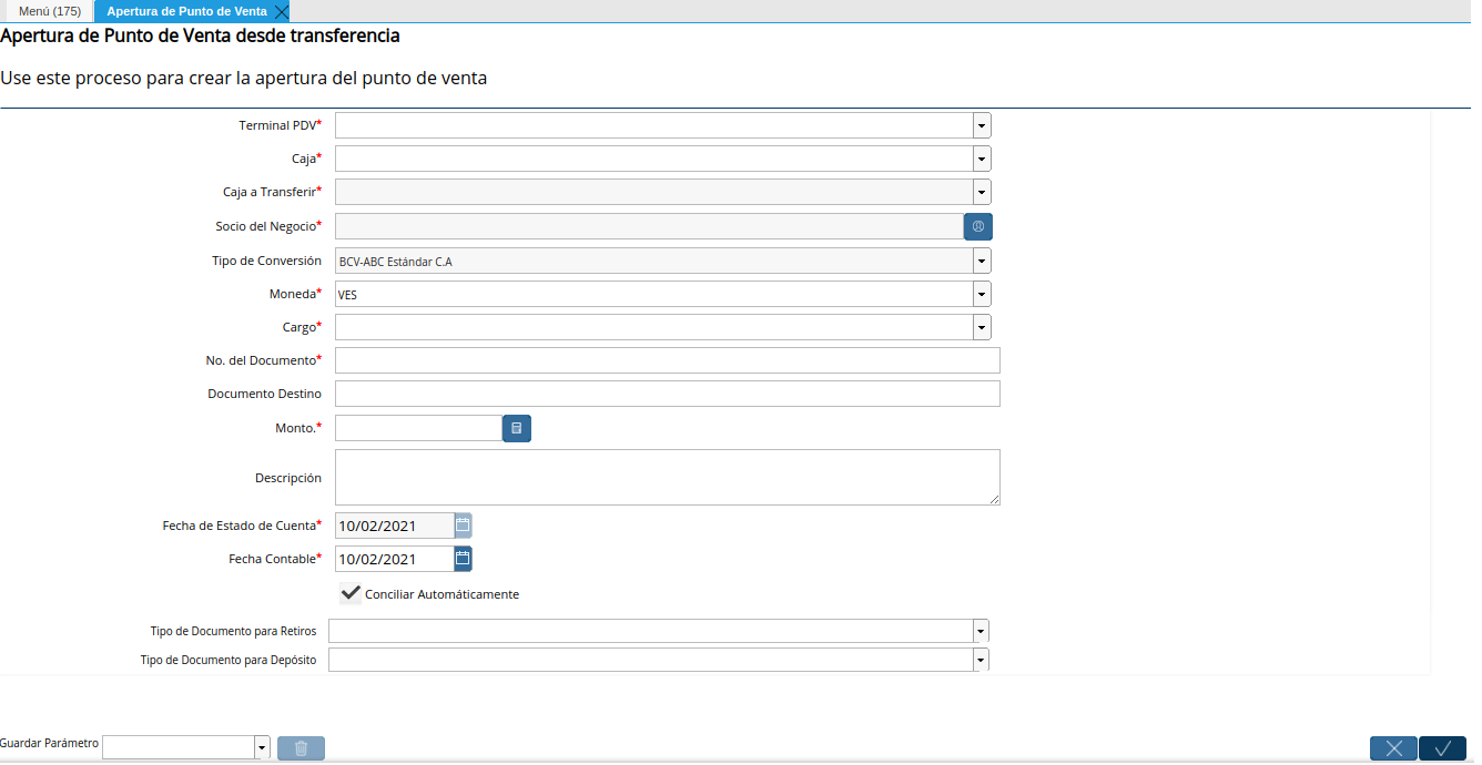 Ventana Apertura de Punto de Venta