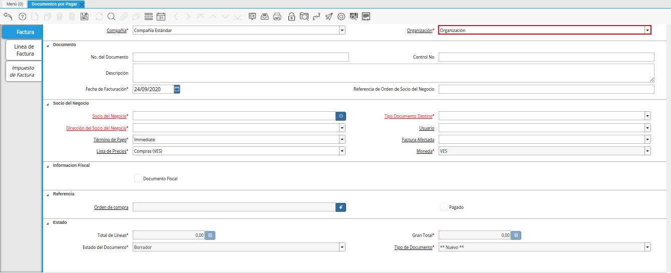 campo organizacion de la ventana documentos por pagar