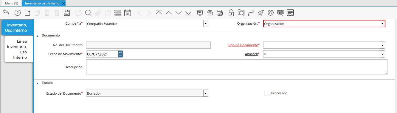 campo organización de la ventana inventario uso interno