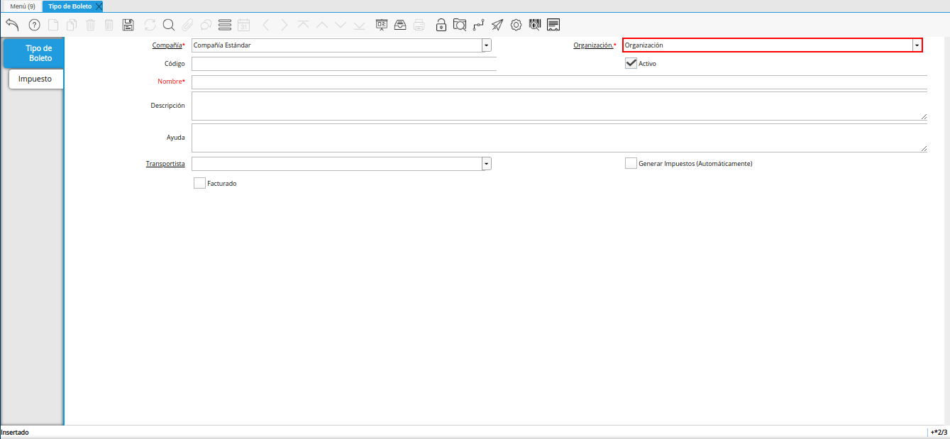 campo organización de la ventana tipo de boleto