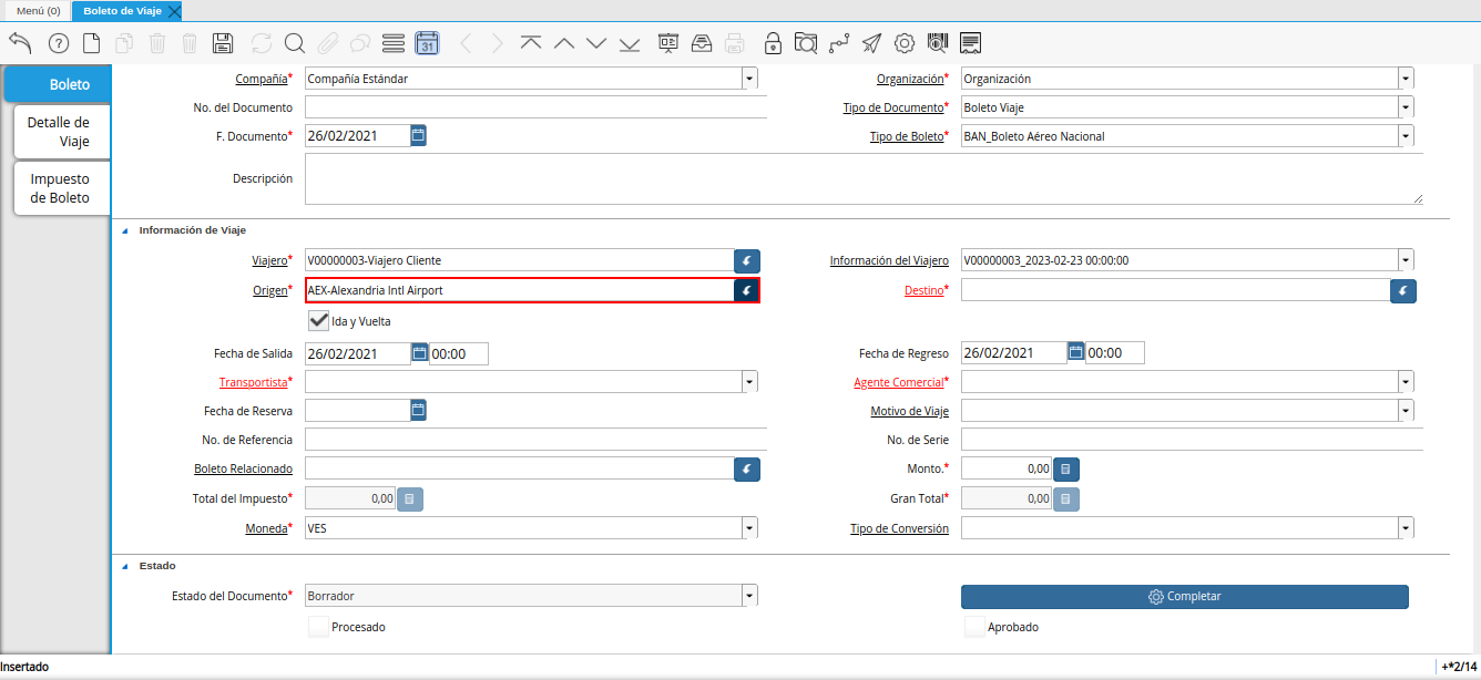 campo origen de la ventana boleto de viaje