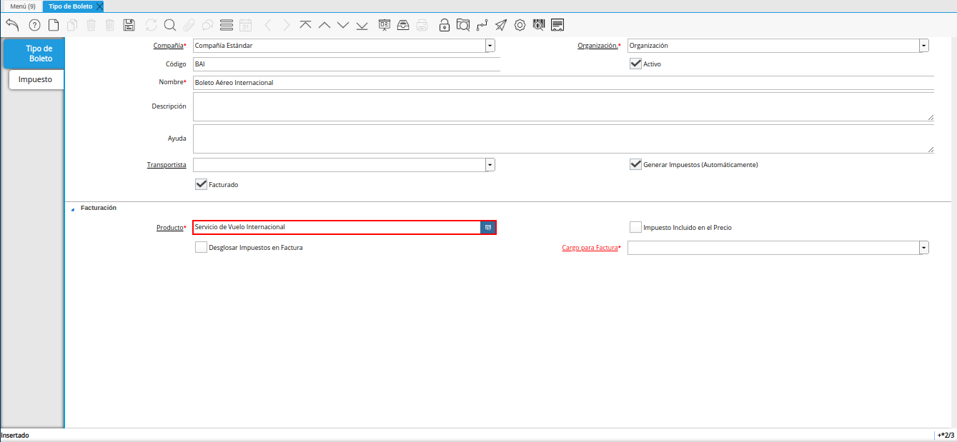 campo producto de la ventana tipo de boleto