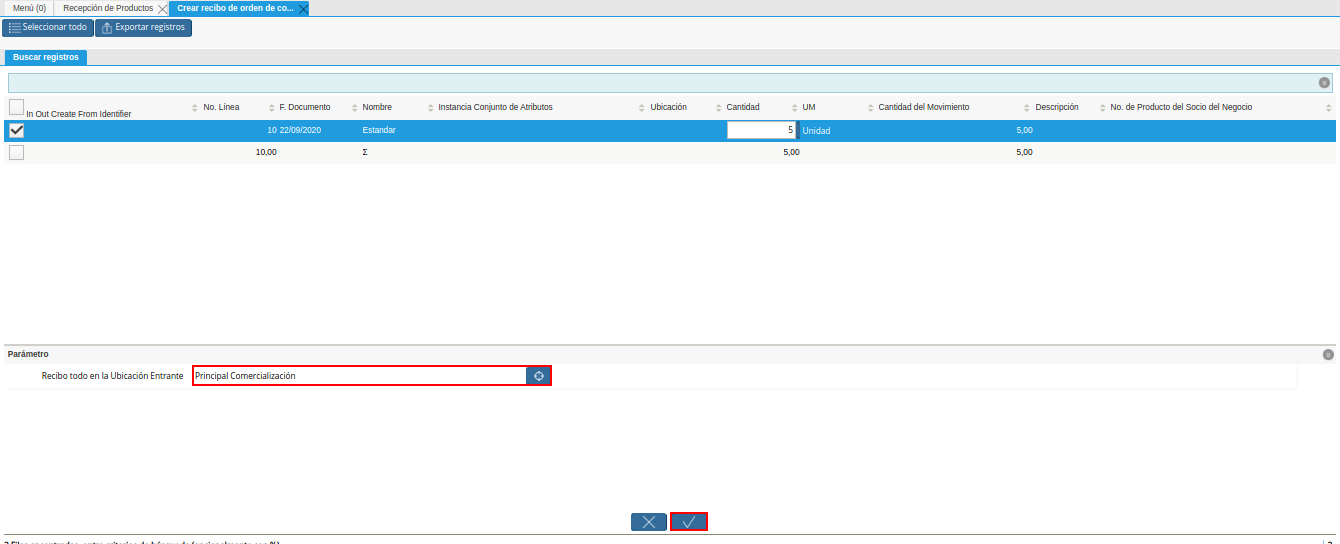 ubicacion de recibo de la ventana crear recibo de orden de compra o rma