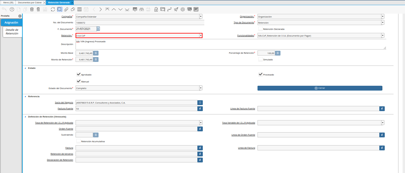 Campo Retención de Estimación de Retención