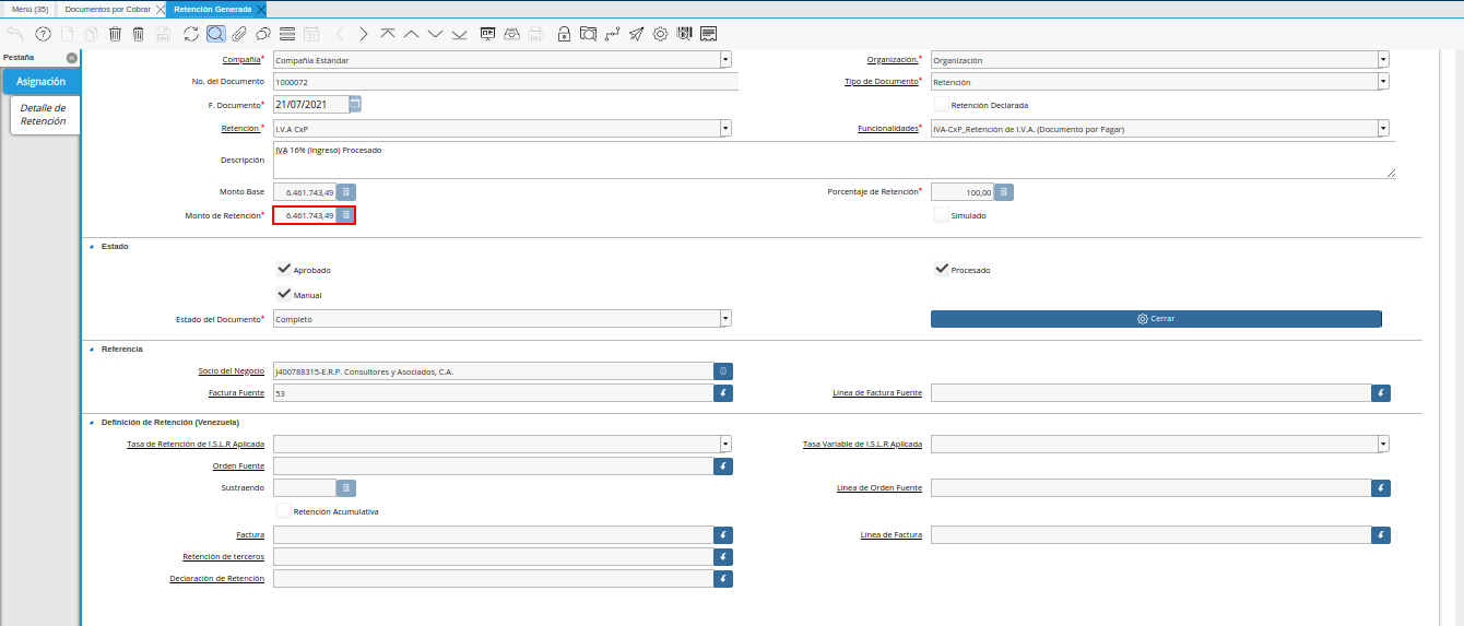 Campo Monto de Retención de Estimación de Retención